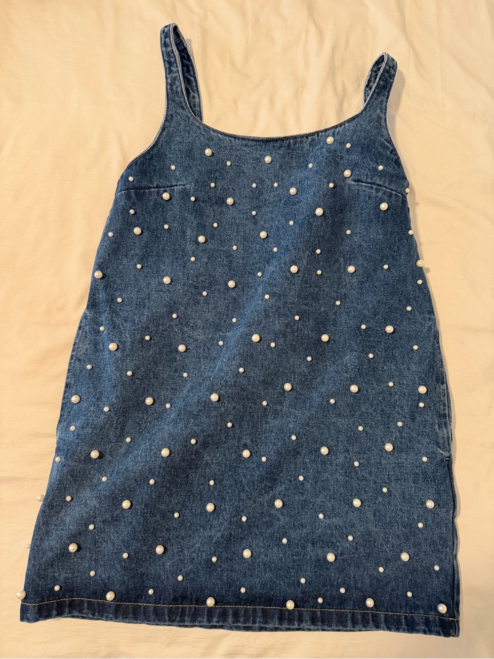 BEGINNING BOUTIQUE ✨- Demi Denim Pearl Detail Mini Dress